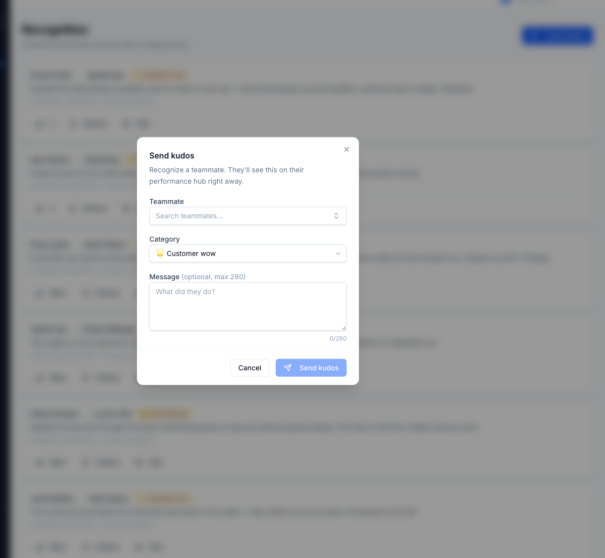 Send kudos dialog — recipient, category, and a short message