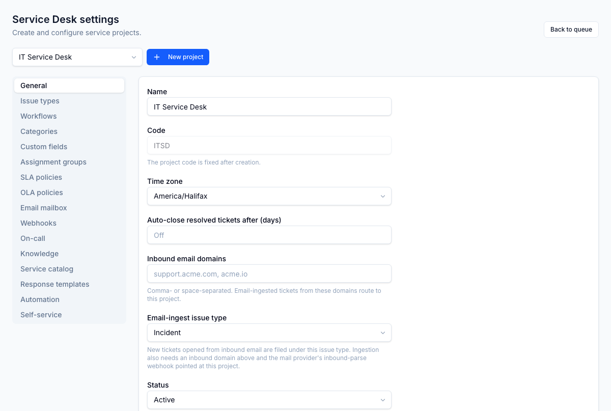 Settings: per-project configuration for workflows, SLAs, catalog, and automation