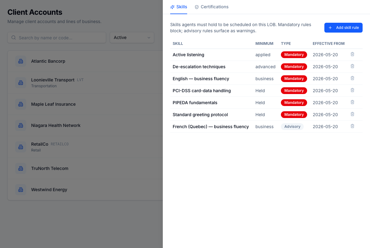 LOB requirements drawer — mandatory and advisory skills